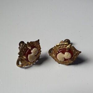 Vintage Gold tone and Red Cameo Earrings